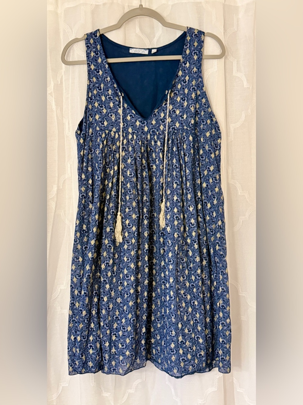 Vaasna Small Navy Paisley Mini Dress | Sleeveless | Tassel Tie